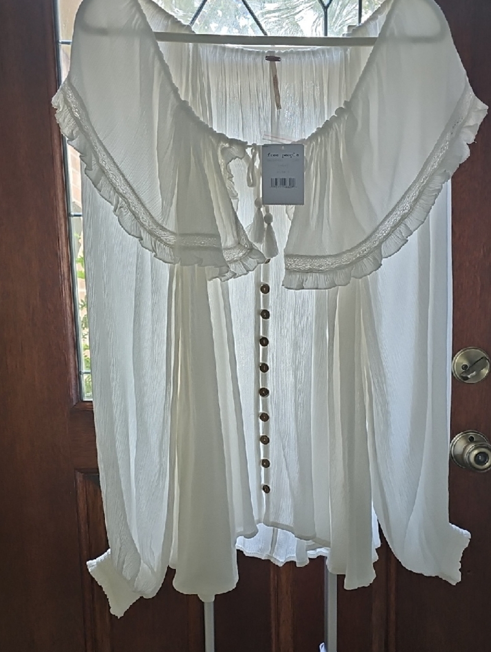 Free People Cream Button-Front Ruffle Peasant Blouse